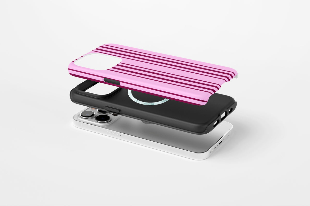 Side view of Sunday Club phone case showing pink and burgundy vertical stripe print