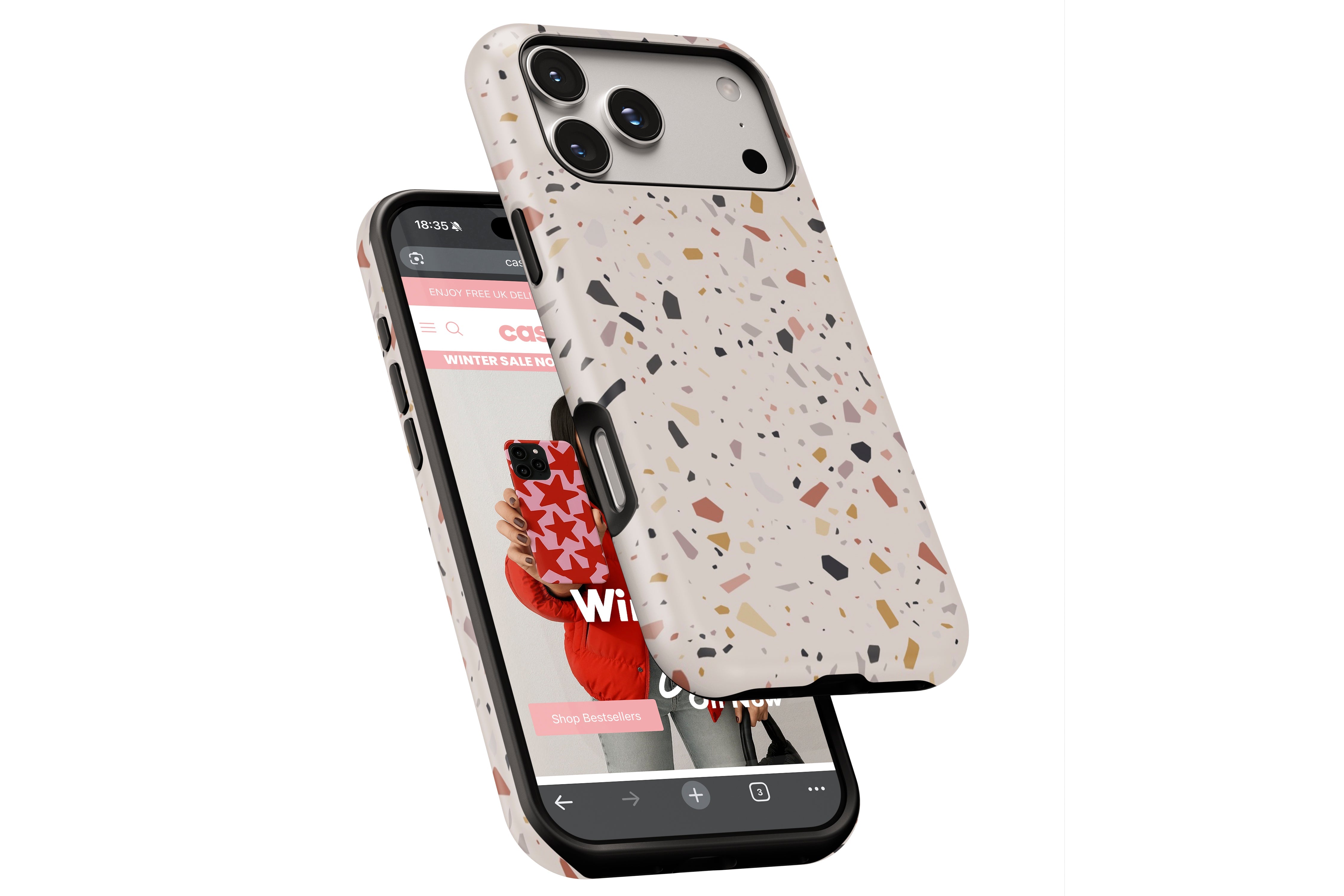 Side view of Terrazzo Nude Print magnetic tough case showing button cut-outs