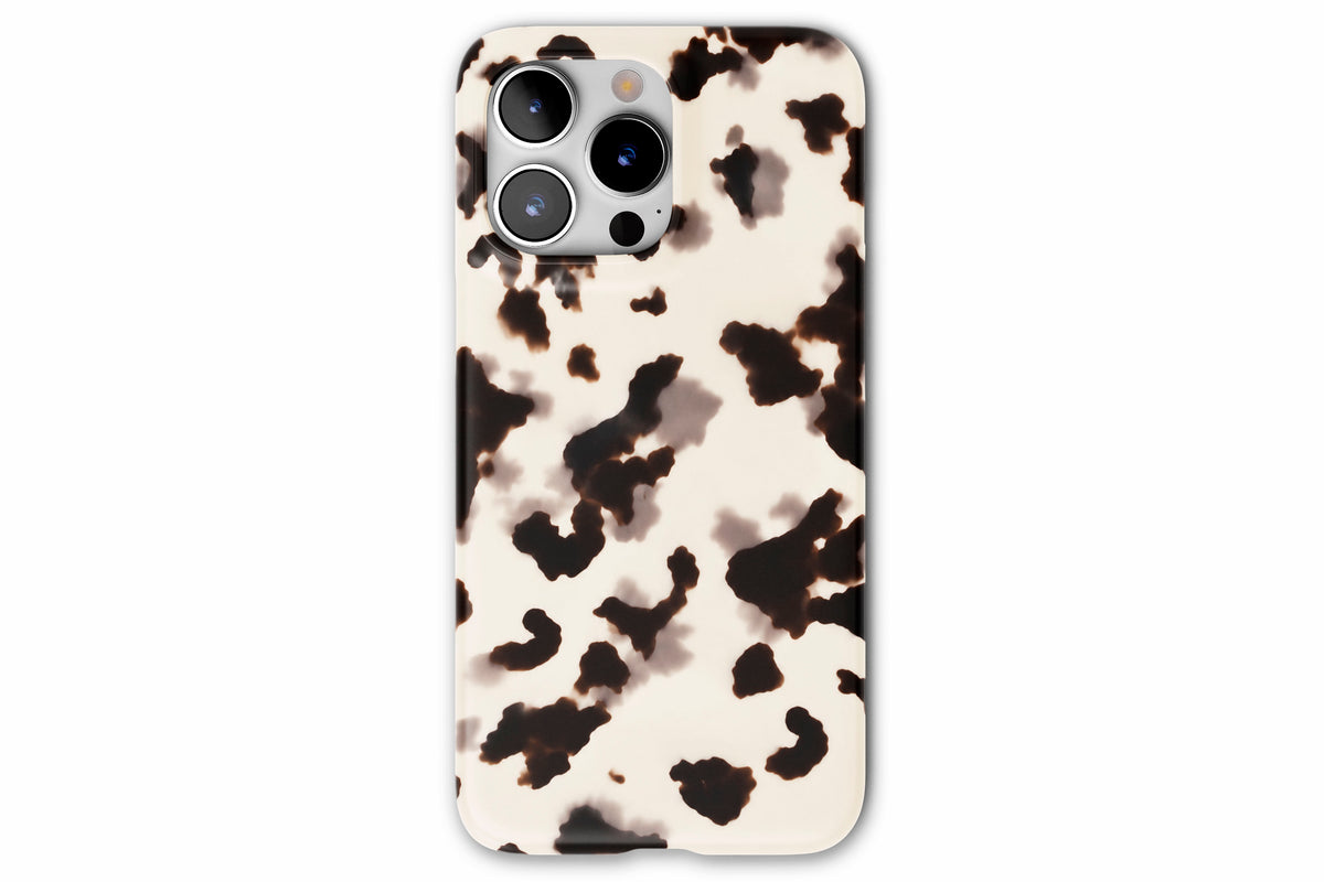 Front view of Vanilla Shell phone case showing cool cream tortoiseshell-inspired print with deep espresso brown markings